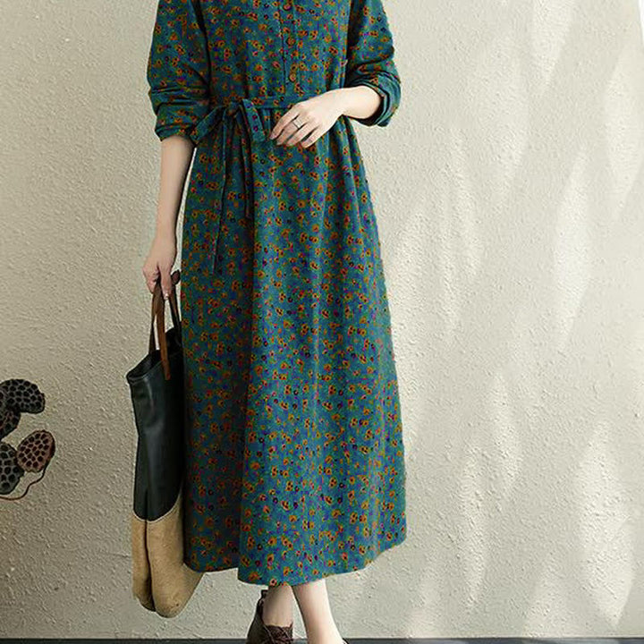 Buddha Stones Abito da donna autunnale casual vintage con bottoni e stampa floreale, maniche lunghe e tasca. - image 14