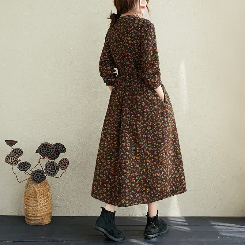 Buddha Stones Abito da donna autunnale casual vintage con bottoni e stampa floreale, maniche lunghe e tasca. - image 16