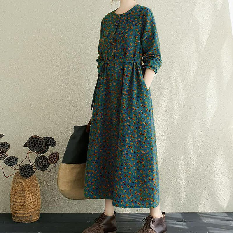 Buddha Stones Abito da donna autunnale casual vintage con bottoni e stampa floreale, maniche lunghe e tasca. - image 13