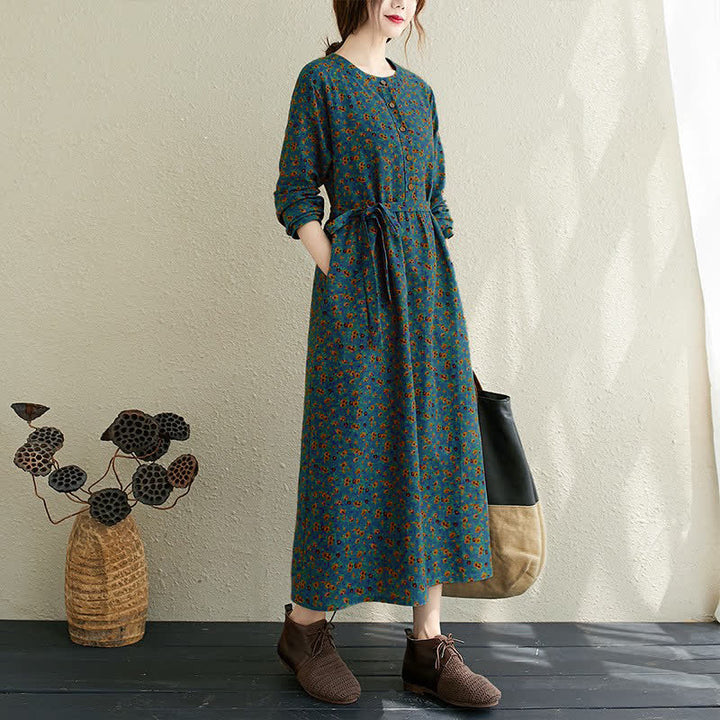 Buddha Stones Abito da donna autunnale casual vintage con bottoni e stampa floreale, maniche lunghe e tasca. - Verde acqua - US12, UK/AU16, EU42-44 (3XL) - image 12