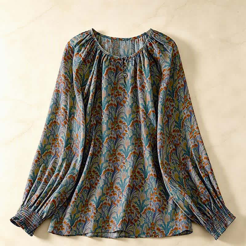 Buddha Stones Camicie a maniche lunghe da donna con stampa floreale vintage autunnale - Verde acqua - US8-10, UK/AU12-14, EU40-42 (2XL) - image 0