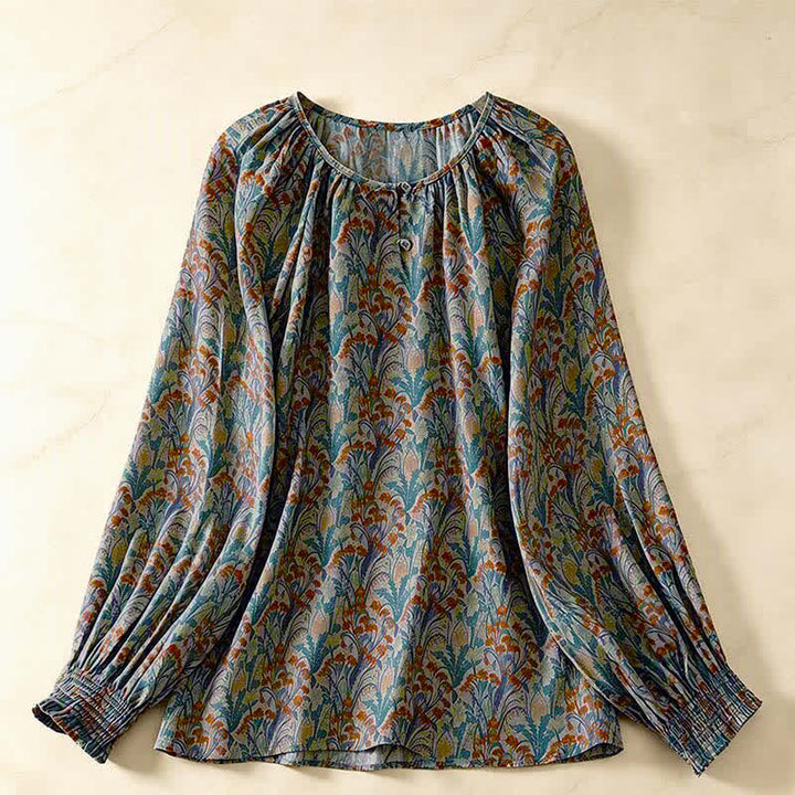Buddha Stones Camicie a maniche lunghe da donna con stampa floreale vintage autunnale - Verde acqua - US8-10, UK/AU12-14, EU40-42 (2XL) - image 0