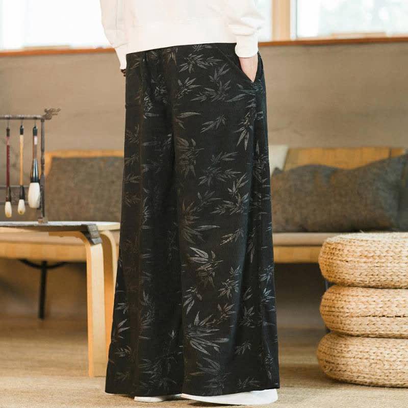 Buddha Stones Pantaloni da uomo a gamba dritta con coulisse, stile vintage, per autunno/inverno, con motivo a foglie di bambù e tasca. - image 9