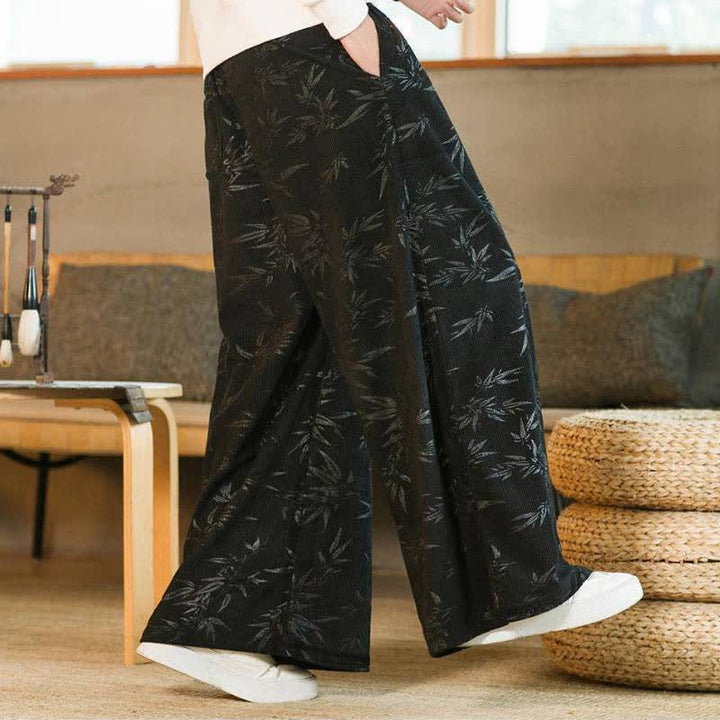 Buddha Stones Pantaloni da uomo a gamba dritta con coulisse, stile vintage, per autunno/inverno, con motivo a foglie di bambù e tasca. - image 8