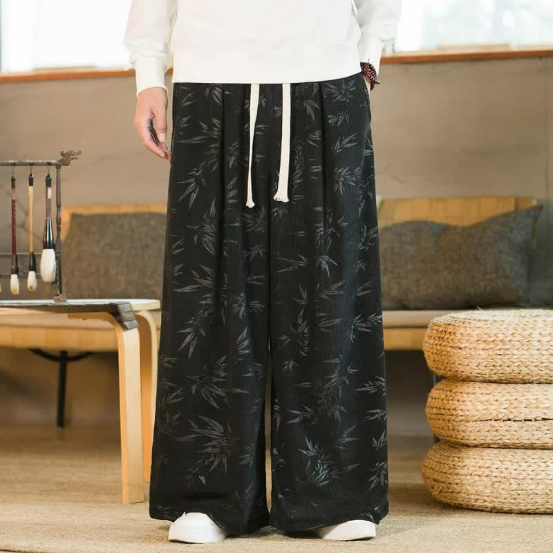 Buddha Stones Pantaloni da uomo a gamba dritta con coulisse, stile vintage, per autunno/inverno, con motivo a foglie di bambù e tasca. - image 6