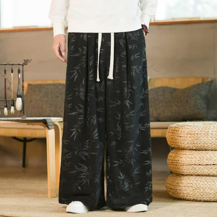 Buddha Stones Pantaloni da uomo a gamba dritta con coulisse, stile vintage, per autunno/inverno, con motivo a foglie di bambù e tasca. - image 6
