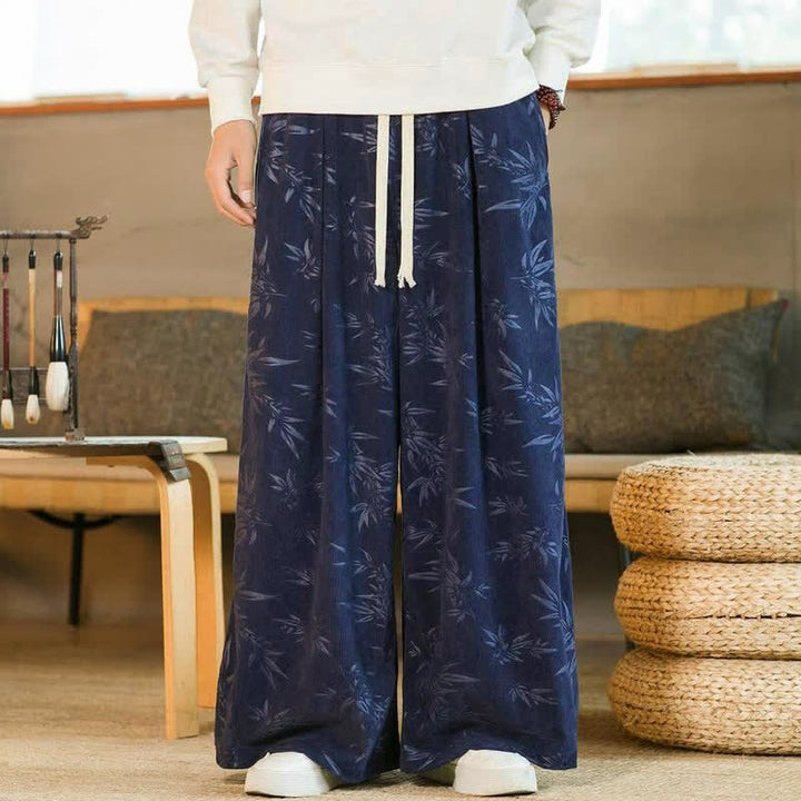 Buddha Stones Pantaloni da uomo a gamba dritta con coulisse, stile vintage, per autunno/inverno, con motivo a foglie di bambù e tasca. - image 11