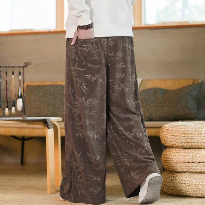 Buddha Stones Pantaloni da uomo a gamba dritta con coulisse, stile vintage, per autunno/inverno, con motivo a foglie di bambù e tasca. - image 19