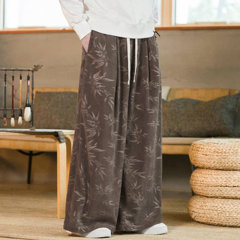 Buddha Stones Pantaloni da uomo a gamba dritta con coulisse, stile vintage, per autunno/inverno, con motivo a foglie di bambù e tasca. - image 17