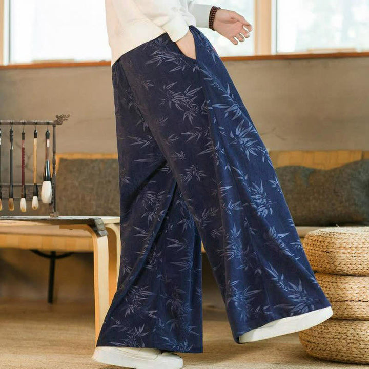 Buddha Stones Pantaloni da uomo a gamba dritta con coulisse, stile vintage, per autunno/inverno, con motivo a foglie di bambù e tasca. - image 13