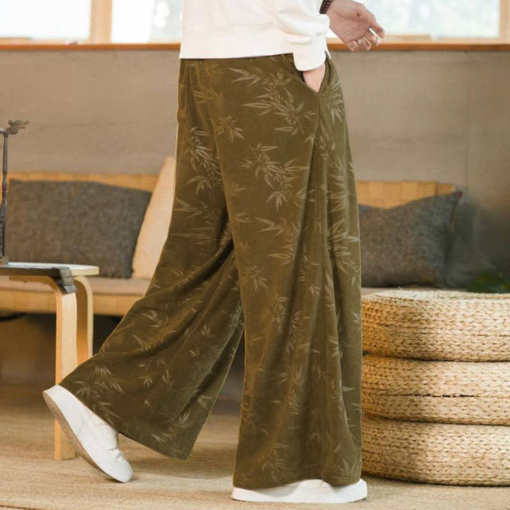 Buddha Stones Pantaloni da uomo a gamba dritta con coulisse, stile vintage, per autunno/inverno, con motivo a foglie di bambù e tasca. - image 3
