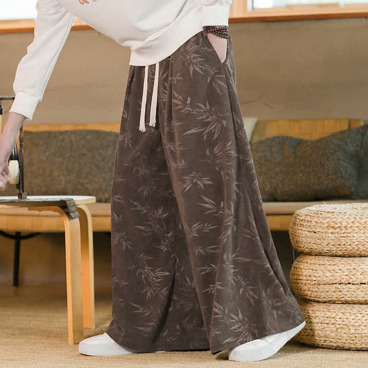 Buddha Stones Pantaloni da uomo a gamba dritta con coulisse, stile vintage, per autunno/inverno, con motivo a foglie di bambù e tasca. - Marrone sella - US/UK/AU46, EU56 (5XL) - image 15