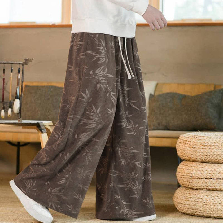 Buddha Stones Pantaloni da uomo a gamba dritta con coulisse, stile vintage, per autunno/inverno, con motivo a foglie di bambù e tasca. - image 18