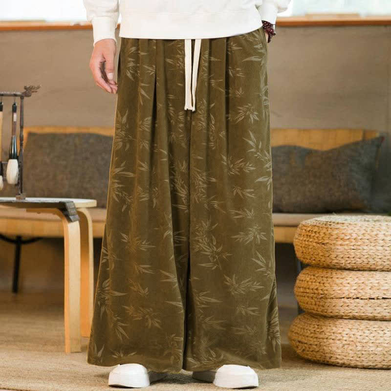 Buddha Stones Pantaloni da uomo a gamba dritta con coulisse, stile vintage, per autunno/inverno, con motivo a foglie di bambù e tasca. - image 1