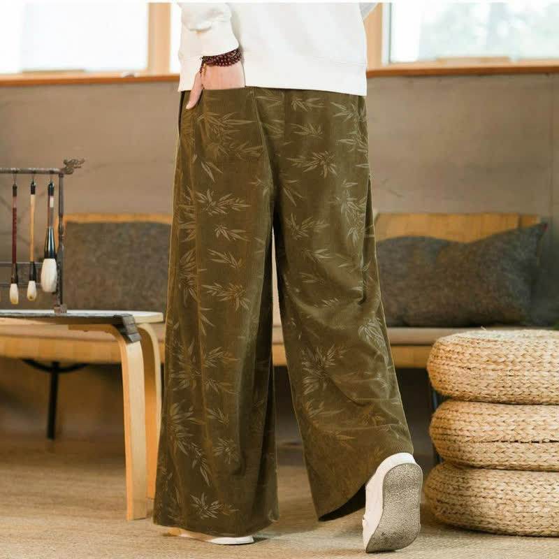 Buddha Stones Pantaloni da uomo a gamba dritta con coulisse, stile vintage, per autunno/inverno, con motivo a foglie di bambù e tasca. - image 4