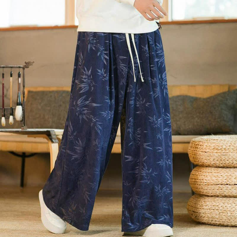 Buddha Stones Pantaloni da uomo a gamba dritta con coulisse, stile vintage, per autunno/inverno, con motivo a foglie di bambù e tasca. - image 12