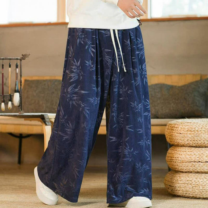 Buddha Stones Pantaloni da uomo a gamba dritta con coulisse, stile vintage, per autunno/inverno, con motivo a foglie di bambù e tasca. - image 12