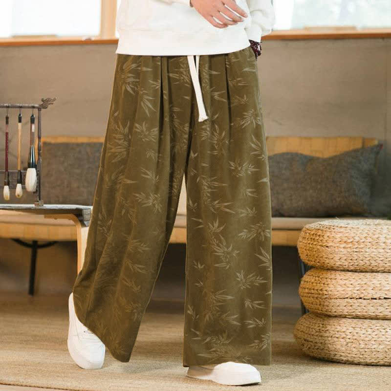 Buddha Stones Pantaloni da uomo a gamba dritta con coulisse, stile vintage, per autunno/inverno, con motivo a foglie di bambù e tasca. - image 2