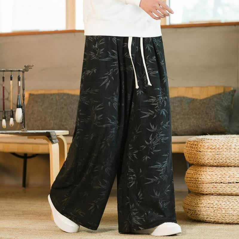 Buddha Stones Pantaloni da uomo a gamba dritta con coulisse, stile vintage, per autunno/inverno, con motivo a foglie di bambù e tasca. - image 7
