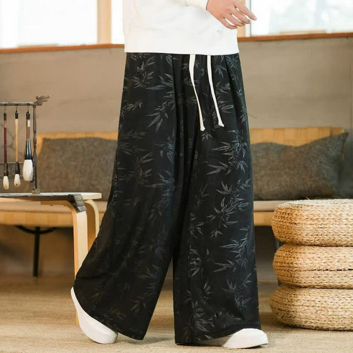 Buddha Stones Pantaloni da uomo a gamba dritta con coulisse, stile vintage, per autunno/inverno, con motivo a foglie di bambù e tasca. - image 7