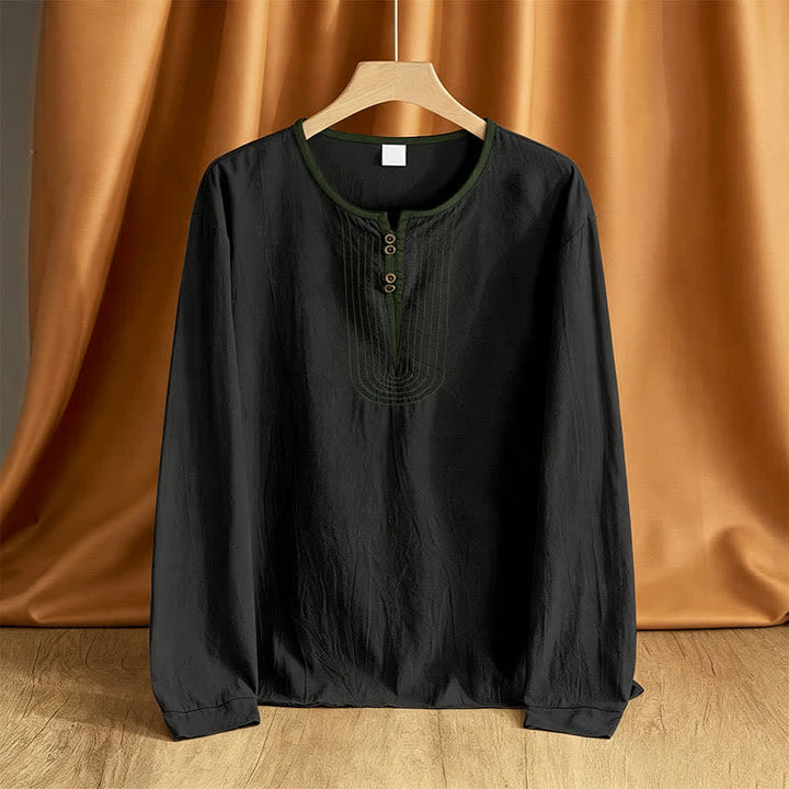 Buddha Stones Camicie da uomo a maniche lunghe, tinta unita, stile vintage, casual, per primavera/autunno. - Nero - US/UK/AU42, EU52 (3XL) - image 9