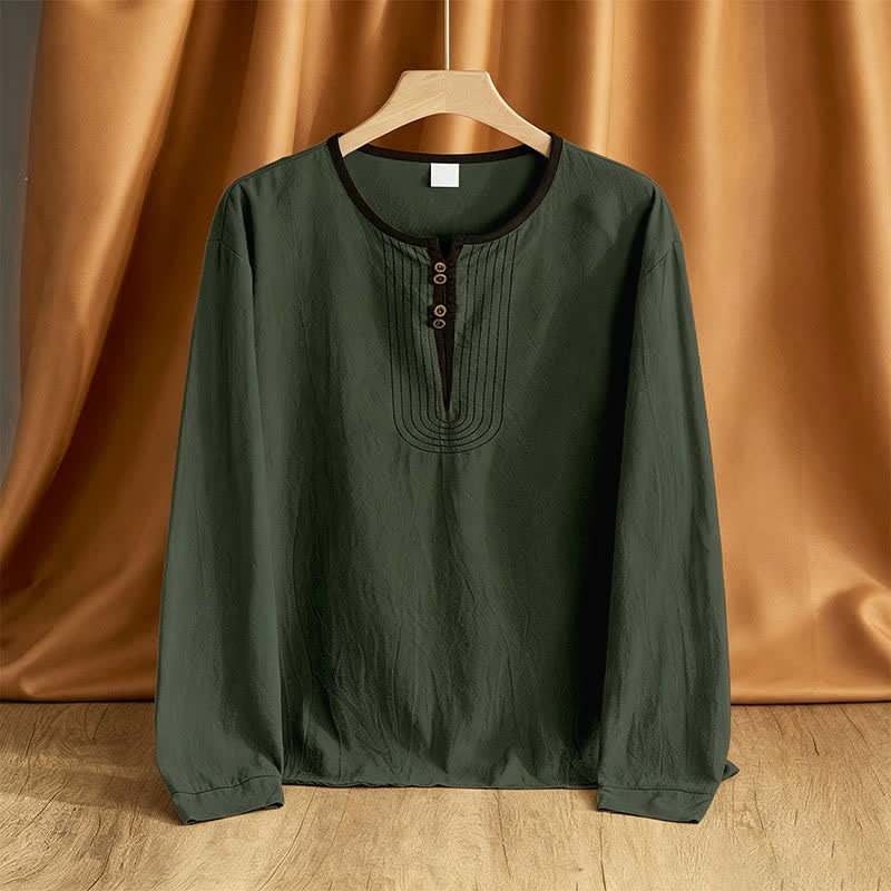 Buddha Stones Camicie da uomo a maniche lunghe, tinta unita, stile vintage, casual, per primavera/autunno. - Verde oliva scuro - US/UK/AU42, EU52 (3XL) - image 13