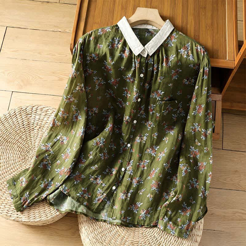 Buddha Stones Camicie da donna a maniche lunghe con bottoni, stampa floreale, stile vintage, per primavera/estate, con taschino. - Verde oliva - US8-10, UK/AU12-14, EU40-42 (2XL) - image 7