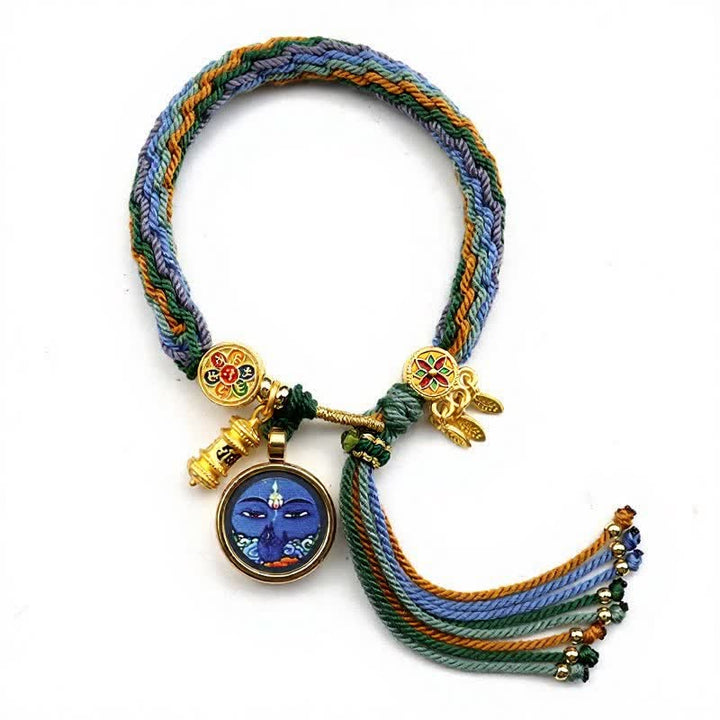 Buddha Stones Bracciale rinforzato Om Mani Padme Hum in acciaio al titanio tibetano - Blu Giallo - image 3