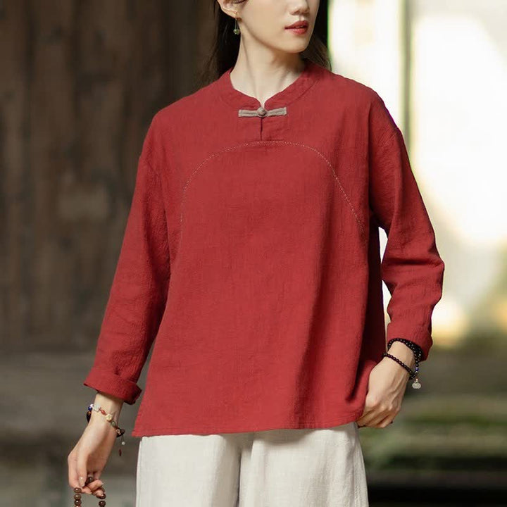 Buddha Stones Camicia da donna a maniche lunghe in ramia tinta unita, stile Tang, con bottoni a rana, ideale per primavera e autunno, con tasca. - FireBrick - US4, UK/AU8, EU36-38 (F) - image 10