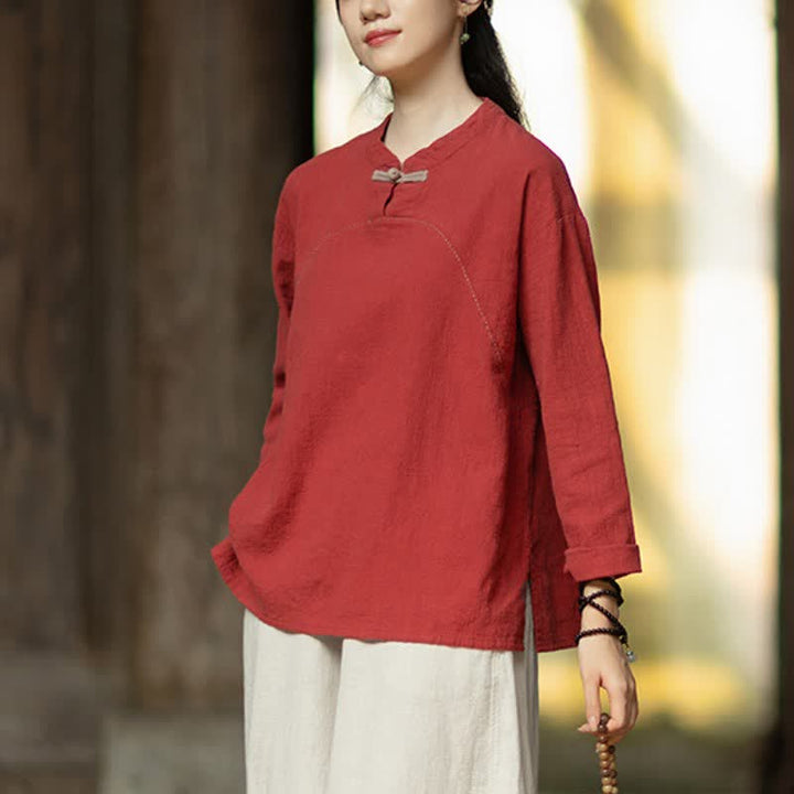 Buddha Stones Camicia da donna a maniche lunghe in ramia tinta unita, stile Tang, con bottoni a rana, ideale per primavera e autunno, con tasca. - image 12