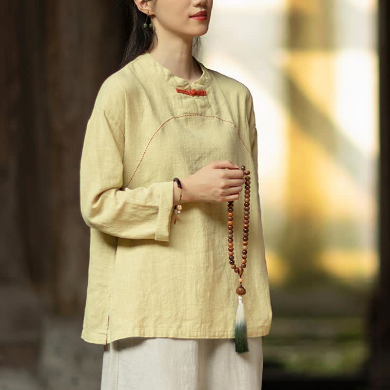 Buddha Stones Camicia da donna a maniche lunghe in ramia tinta unita, stile Tang, con bottoni a rana, ideale per primavera e autunno, con tasca. - image 6