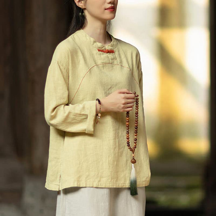 Buddha Stones Camicia da donna a maniche lunghe in ramia tinta unita, stile Tang, con bottoni a rana, ideale per primavera e autunno, con tasca. - image 6