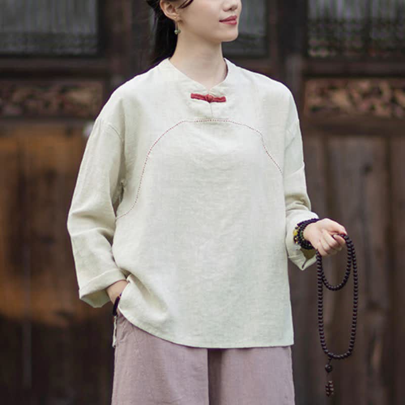 Buddha Stones Camicia da donna a maniche lunghe in ramia tinta unita, stile Tang, con bottoni a rana, ideale per primavera e autunno, con tasca. - image 3