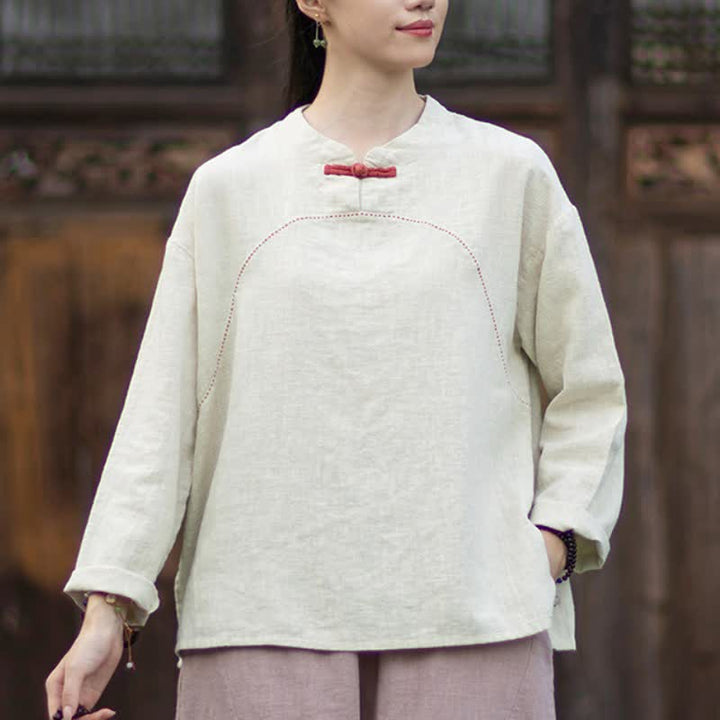 Buddha Stones Camicia da donna a maniche lunghe in ramia tinta unita, stile Tang, con bottoni a rana, ideale per primavera e autunno, con tasca. - image 2
