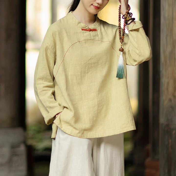 Buddha Stones Camicia da donna a maniche lunghe in ramia tinta unita, stile Tang, con bottoni a rana, ideale per primavera e autunno, con tasca. - Cachi - US4, UK/AU8, EU36-38 (F) - image 5