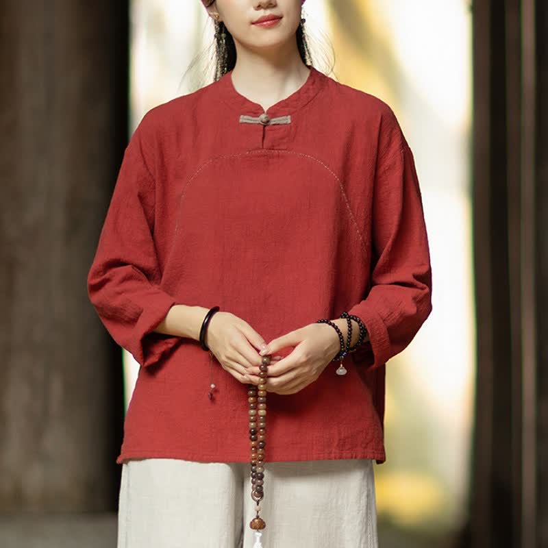 Buddha Stones Camicia da donna a maniche lunghe in ramia tinta unita, stile Tang, con bottoni a rana, ideale per primavera e autunno, con tasca. - image 11