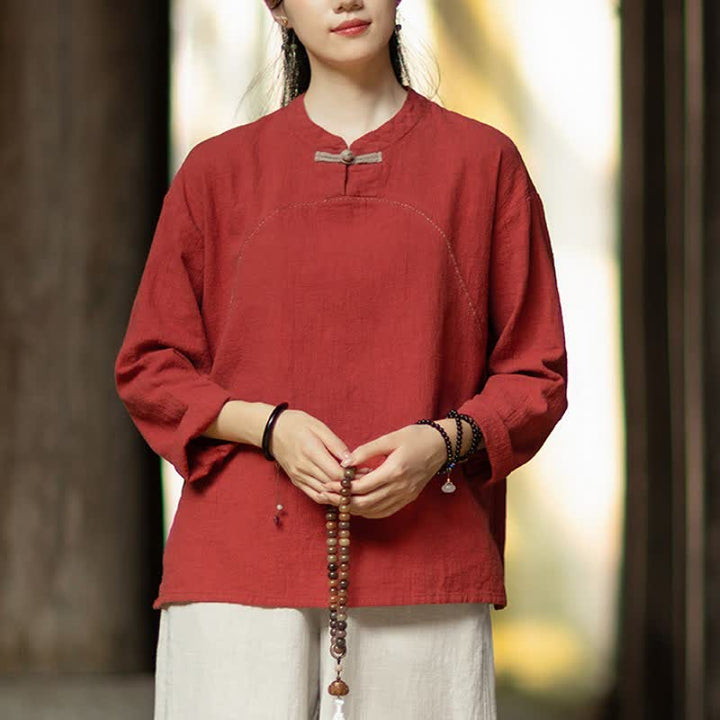 Buddha Stones Camicia da donna a maniche lunghe in ramia tinta unita, stile Tang, con bottoni a rana, ideale per primavera e autunno, con tasca. - image 11