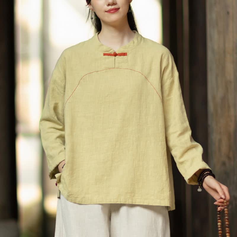 Buddha Stones Camicia da donna a maniche lunghe in ramia tinta unita, stile Tang, con bottoni a rana, ideale per primavera e autunno, con tasca. - image 8