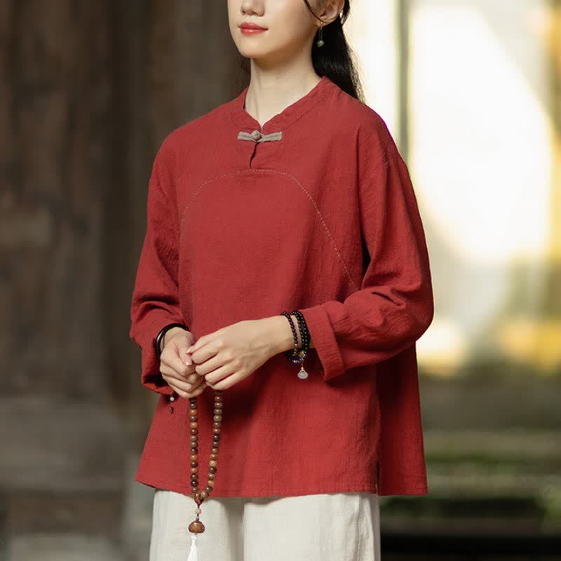 Buddha Stones Camicia da donna a maniche lunghe in ramia tinta unita, stile Tang, con bottoni a rana, ideale per primavera e autunno, con tasca. - image 13