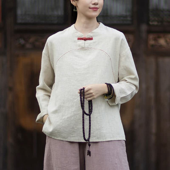 Buddha Stones Camicia da donna a maniche lunghe in ramia tinta unita, stile Tang, con bottoni a rana, ideale per primavera e autunno, con tasca. - Beige - US4, UK/AU8, EU36-38 (F) - image 0