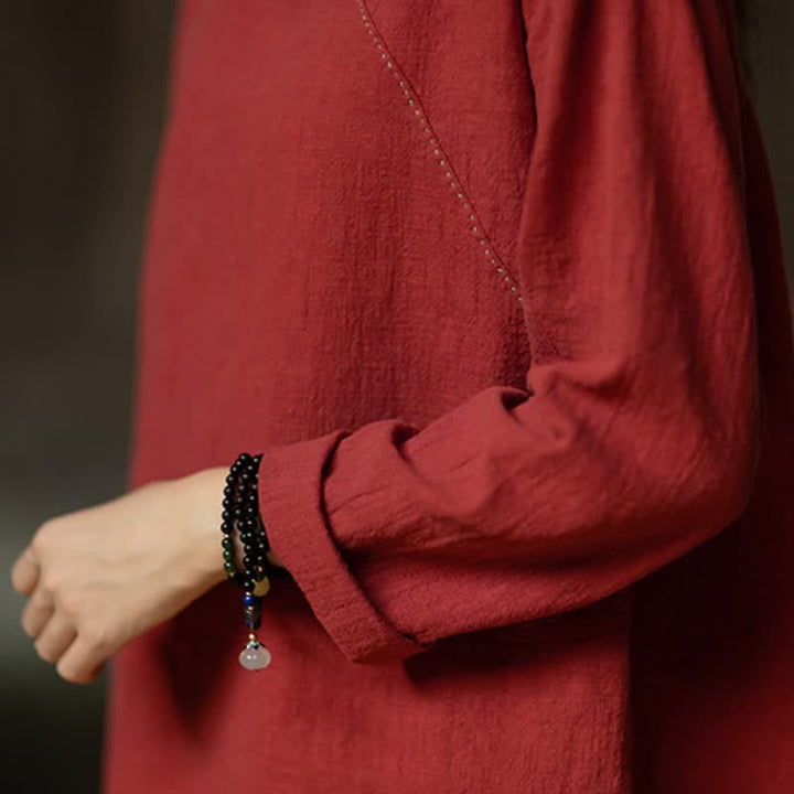 Buddha Stones Camicia da donna a maniche lunghe in ramia tinta unita, stile Tang, con bottoni a rana, ideale per primavera e autunno, con tasca. - image 15