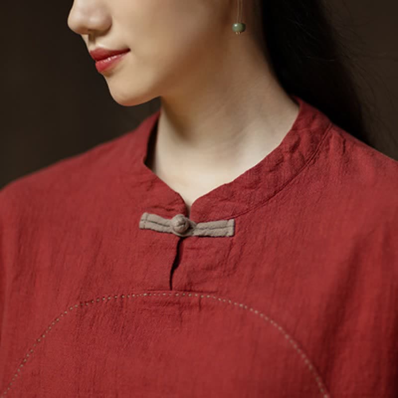 Buddha Stones Camicia da donna a maniche lunghe in ramia tinta unita, stile Tang, con bottoni a rana, ideale per primavera e autunno, con tasca. - image 14