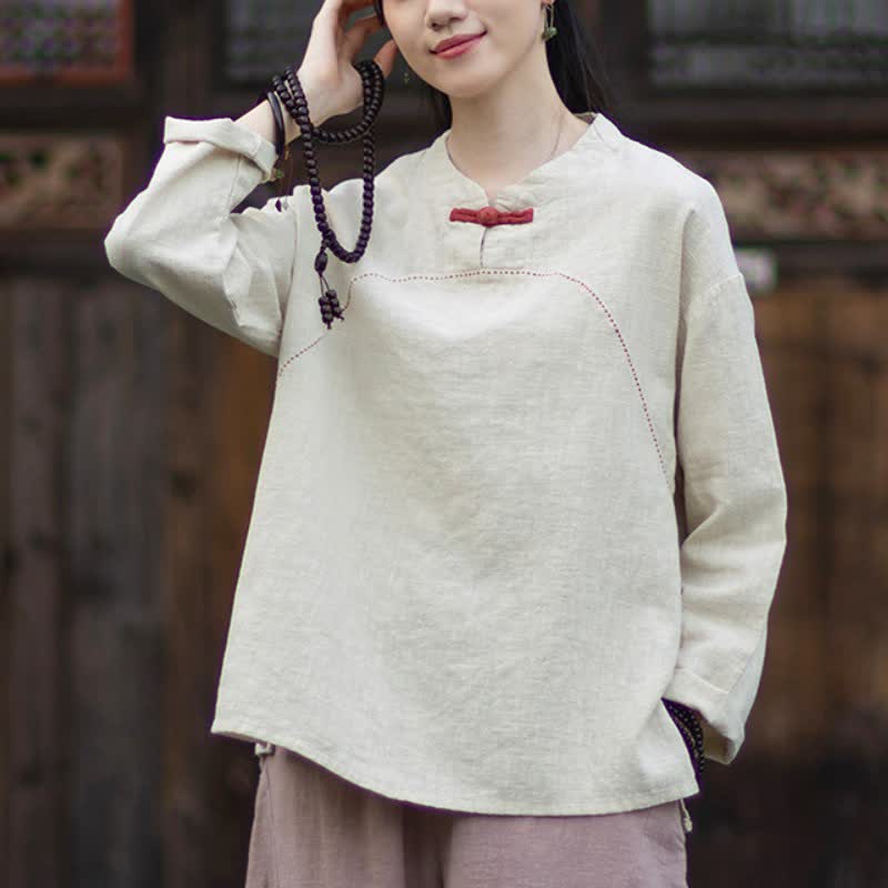 Buddha Stones Camicia da donna a maniche lunghe in ramia tinta unita, stile Tang, con bottoni a rana, ideale per primavera e autunno, con tasca. - image 1