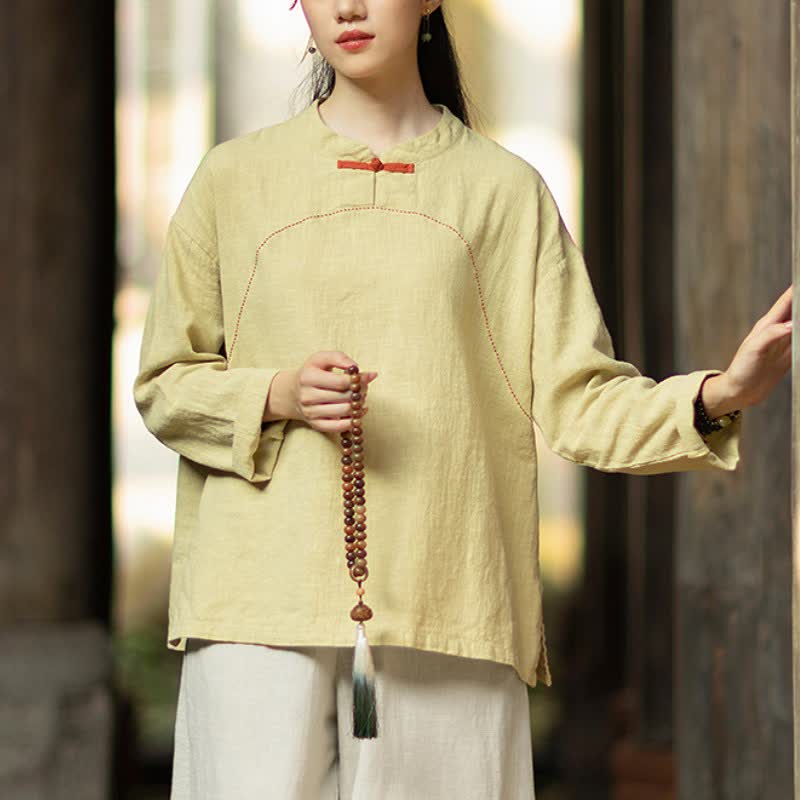 Buddha Stones Camicia da donna a maniche lunghe in ramia tinta unita, stile Tang, con bottoni a rana, ideale per primavera e autunno, con tasca. - image 7
