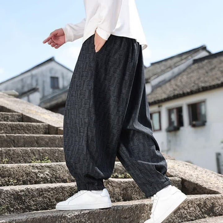 Buddha Stones Pantaloni alla caviglia da uomo stile harem con coulisse, casual, vintage, vintage, autunno/inverno, con motivo geometrico e tasca. - image 3