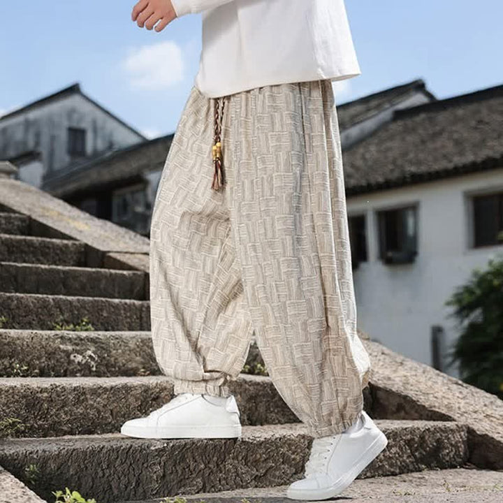 Buddha Stones Pantaloni alla caviglia da uomo stile harem con coulisse, casual, vintage, vintage, autunno/inverno, con motivo geometrico e tasca. - image 8