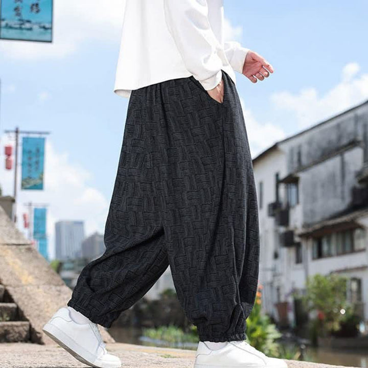 Buddha Stones Pantaloni alla caviglia da uomo stile harem con coulisse, casual, vintage, vintage, autunno/inverno, con motivo geometrico e tasca. - image 1