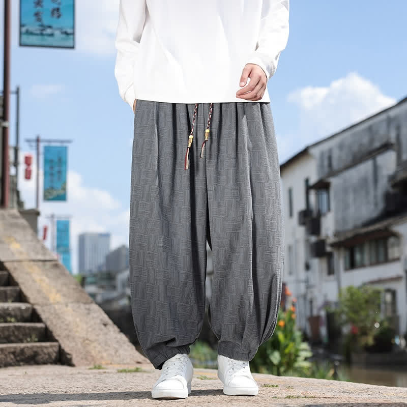 Buddha Stones Pantaloni alla caviglia da uomo stile harem con coulisse, casual, vintage, vintage, autunno/inverno, con motivo geometrico e tasca. - Grigio tenue - US/UK/AU54, EU64 (9XL) - image 10