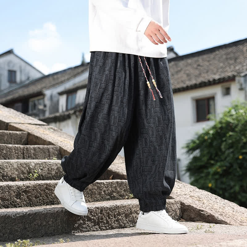 Buddha Stones Pantaloni alla caviglia da uomo stile harem con coulisse, casual, vintage, vintage, autunno/inverno, con motivo geometrico e tasca. - Nero - US/UK/AU54, EU64 (9XL) - image 0