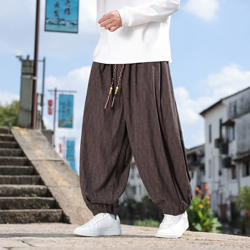 Buddha Stones Pantaloni alla caviglia da uomo stile harem con coulisse, casual, vintage, vintage, autunno/inverno, con motivo geometrico e tasca. - Marrone sella - US/UK/AU54, EU64 (9XL) - image 18